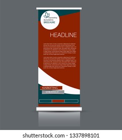 Roll up stand design. Vertical banner template. Vector illustration. Green and red color.