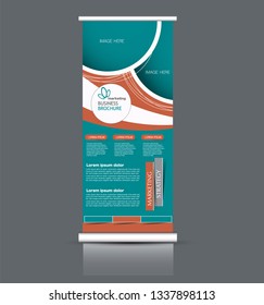 Roll up stand design. Vertical banner template. Vector illustration. Green and orange color.