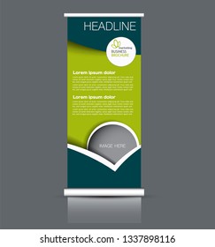 Roll up stand design. Vertical banner template. Vector illustration. Green color.
