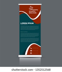 Roll up stand design. Vertical banner template. Vector illustration. Red and green color.