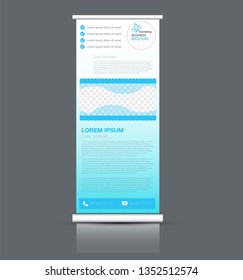 Roll up stand design. Vertical banner template. Vector illustration. Blue color.