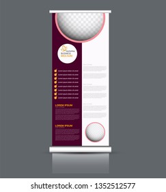 Roll up stand design. Vertical banner template. Vector illustration. Red and orange color.
