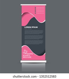 Roll up stand design. Vertical banner template. Vector illustration. Pink and grey color.