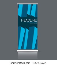 Roll up stand design. Vertical banner template. Vector illustration. Blue color.