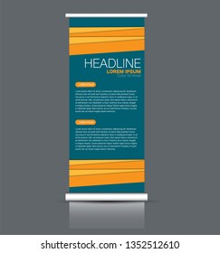 Roll up stand design. Vertical banner template. Vector illustration. Orange and blue color.