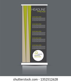 Roll up stand design. Vertical banner template. Vector illustration. Brown and green color.