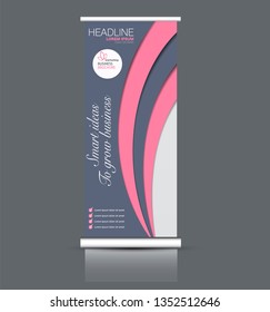 Roll up stand design. Vertical banner template. Vector illustration. Pink and grey color.