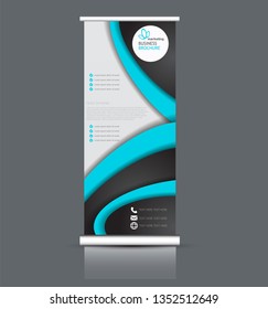 Roll up stand design. Vertical banner template. Vector illustration. Black and blue color.