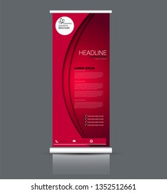 Roll up stand design. Vertical banner template. Vector illustration. Red color.