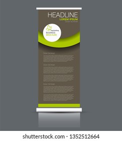 Roll up stand design. Vertical banner template. Vector illustration. Brown and green color.