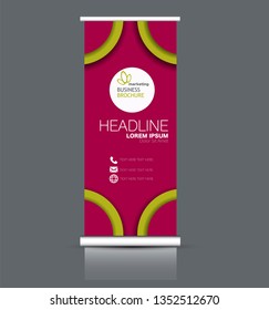 Roll up stand design. Vertical banner template. Vector illustration. Green and pink color.