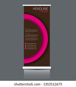 Roll up stand design. Vertical banner template. Vector illustration. Brown and pink color.