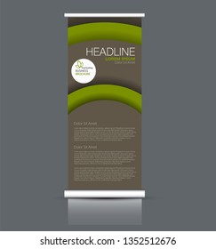 Roll up stand design. Vertical banner template. Vector illustration. Brown and green color.