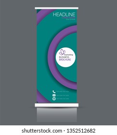 Roll up stand design. Vertical banner template. Vector illustration. Green and purple color.