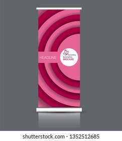 Roll up stand design. Vertical banner template. Vector illustration. Red and pink color.