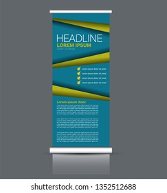 Roll up stand design. Vertical banner template. Vector illustration. Blue and green color.