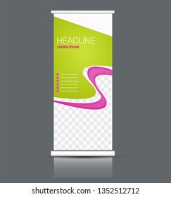 Roll up stand design. Vertical banner template. Vector illustration. Green and pink color.