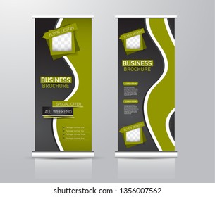 Roll up stand design. Vertical banner template for education, business, presentation, advertisement. Vector illustration. Green and black color.