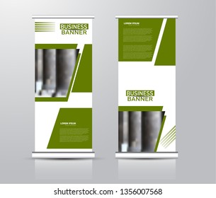 Roll up stand design. Vertical banner template for education, business, presentation, advertisement. Vector illustration. Green color.