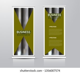 Roll up stand design. Vertical banner template for education, business, presentation, advertisement. Vector illustration. Green color.
