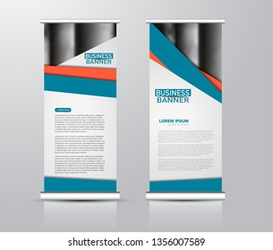 Roll up stand design. Vertical banner template for education, business, presentation, advertisement. Vector illustration. Blue and orange color.