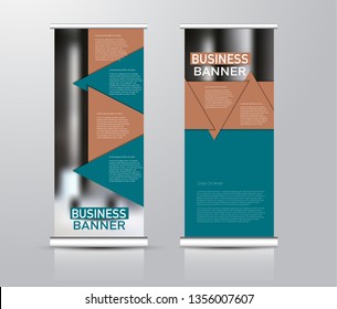 Roll up stand design. Vertical banner template for education, business, presentation, advertisement. Vector illustration. Green and brown color.