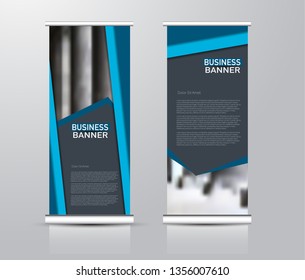 Roll up stand design. Vertical banner template for education, business, presentation, advertisement. Vector illustration. Blue color.