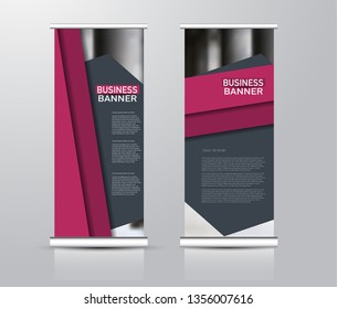 Roll up stand design. Vertical banner template for education, business, presentation, advertisement. Vector illustration. Pink and grey color.