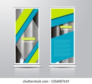 Roll up stand design. Vertical banner template for education, business, presentation, advertisement. Vector illustration. Green and blue color.