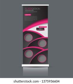 Roll up stand design. Vertical banner template. Vector illustration. Black and pink color.