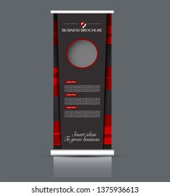 Roll up stand design. Vertical banner template. Vector illustration. Black and red color.