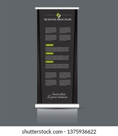Roll up stand design. Vertical banner template. Vector illustration. Black and green color.