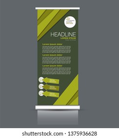 Roll up stand design. Vertical banner template. Vector illustration. Green color.