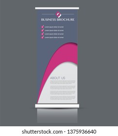 Roll up stand design. Vertical banner template. Vector illustration. Pink and grey color.