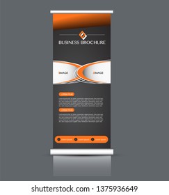 Roll up stand design. Vertical banner template. Vector illustration. Black and orange color.