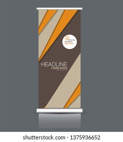Roll up stand design. Vertical banner template. Vector illustration. Brown and orange color.