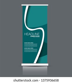 Roll up stand design. Vertical banner template. Vector illustration. Green color.