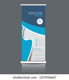 Roll up stand design. Vertical banner template. Vector illustration. Blue color.
