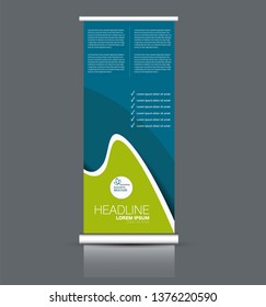 Roll up stand design. Vertical banner template. Vector illustration. Blue and green color.