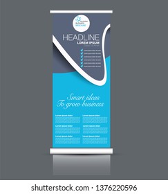 Roll up stand design. Vertical banner template. Vector illustration. Blue color.