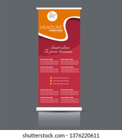 Roll up stand design. Vertical banner template. Vector illustration. Red and orange color.