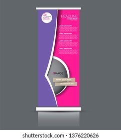 Roll up stand design. Vertical banner template. Vector illustration. Pink and purple color.