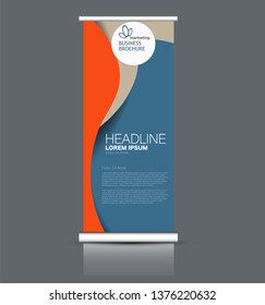 Roll up stand design. Vertical banner template. Vector illustration. Blue and orange color.