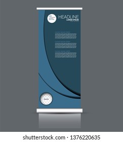 Roll up stand design. Vertical banner template. Vector illustration. Blue color.