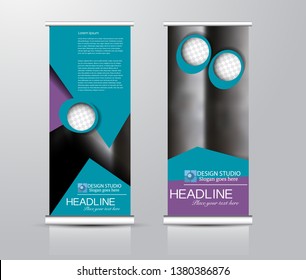 Roll up stand design. Vertical banner template for education, business, presentation, advertisement. Vector illustration. Purple and blue color.