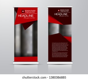 Roll up stand design. Vertical banner template for education, business, presentation, advertisement. Vector illustration. Red color.