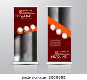 Roll up stand design. Vertical banner template for education, business, presentation, advertisement. Vector illustration. Red and orange color.