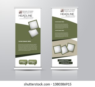 Roll up stand design. Vertical banner template for education, business, presentation, advertisement. Vector illustration. Green color.