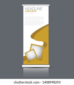 Roll up stand design. Vertical banner template. Vector illustration. Orange color.