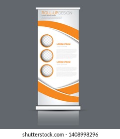 Roll up stand design. Vertical banner template. Vector illustration. Orange color.